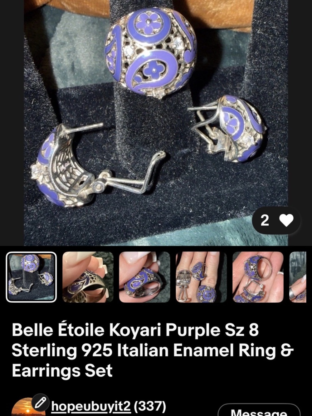 Koyari Purple Sterling Enamel Ring & Earrings Set - Size 8